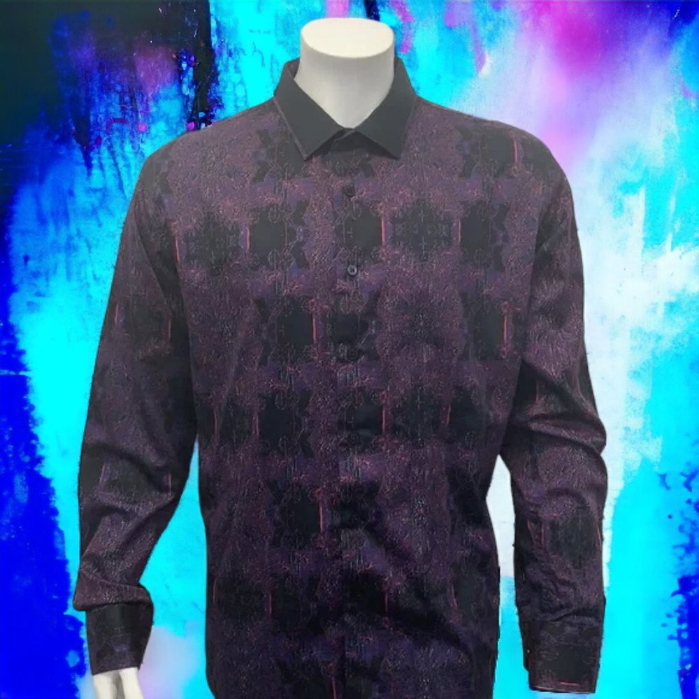 BARABAS Purple Black Pink Abstract Designs Long Sleeve Men's Dress Shirt Size XL